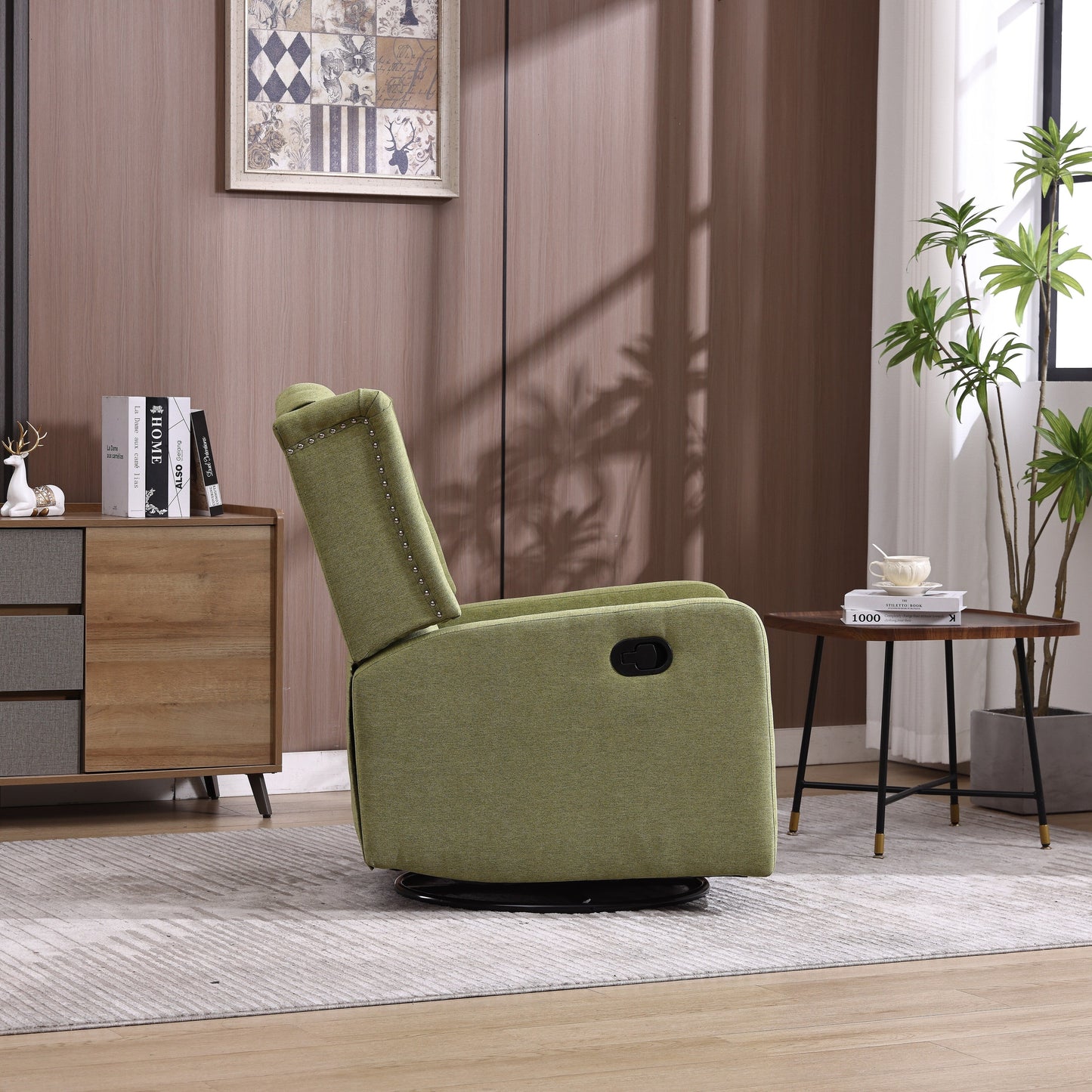 Olive Green Linen 360Â° Swivel Glider Rocker Manual Recliner with Button-tufted Backrest and Footrest for Living Room, Bedroom