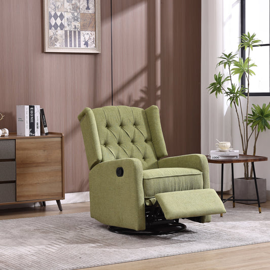Olive Green Linen 360Â° Swivel Glider Rocker Manual Recliner with Button-tufted Backrest and Footrest for Living Room, Bedroom
