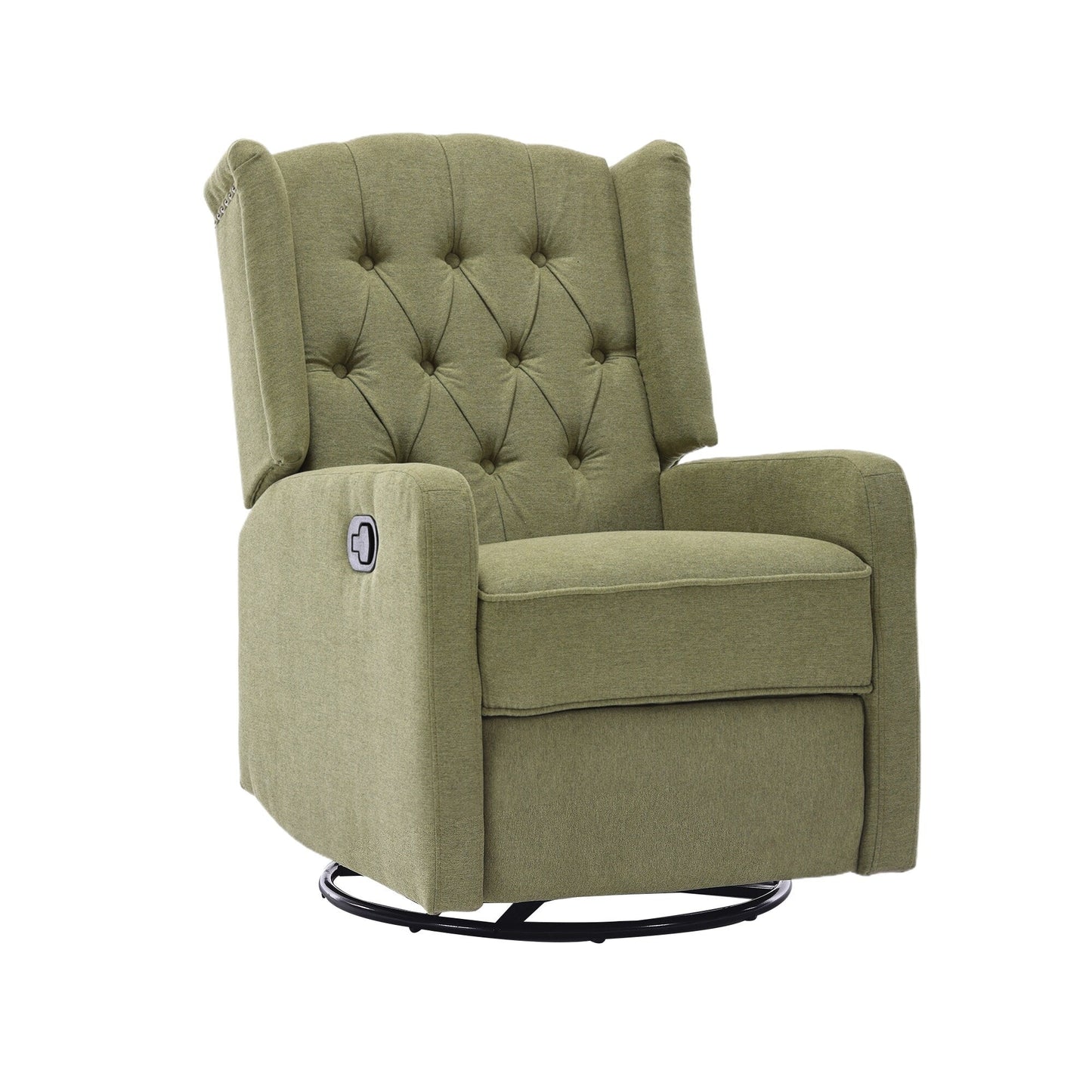 Olive Green Linen 360Â° Swivel Glider Rocker Manual Recliner with Button-tufted Backrest and Footrest for Living Room, Bedroom
