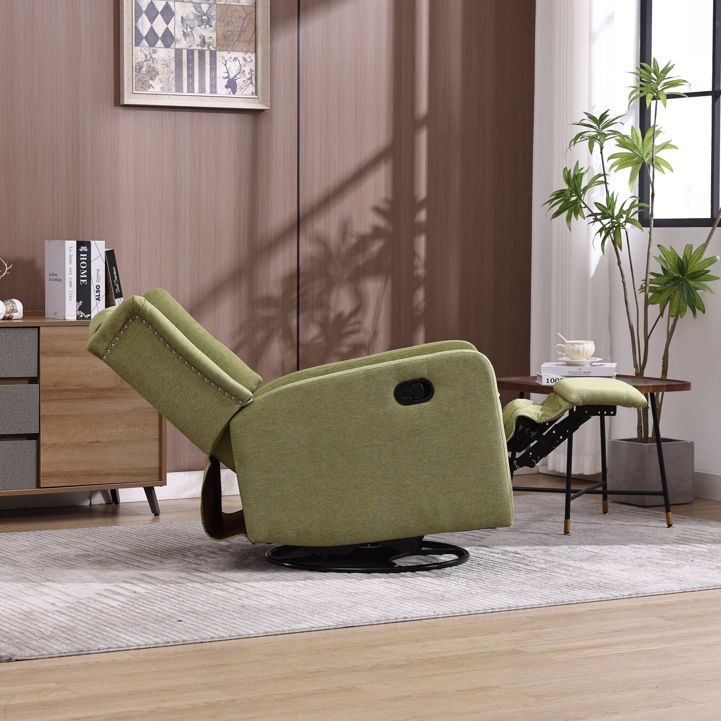 Olive Green Linen 360Â° Swivel Glider Rocker Manual Recliner with Button-tufted Backrest and Footrest for Living Room, Bedroom