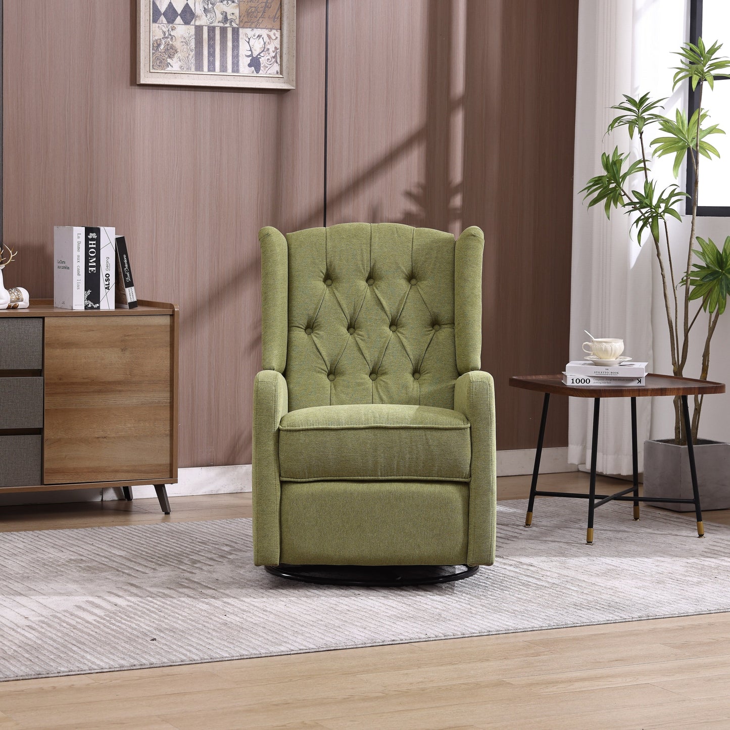 Olive Green Linen 360Â° Swivel Glider Rocker Manual Recliner with Button-tufted Backrest and Footrest for Living Room, Bedroom