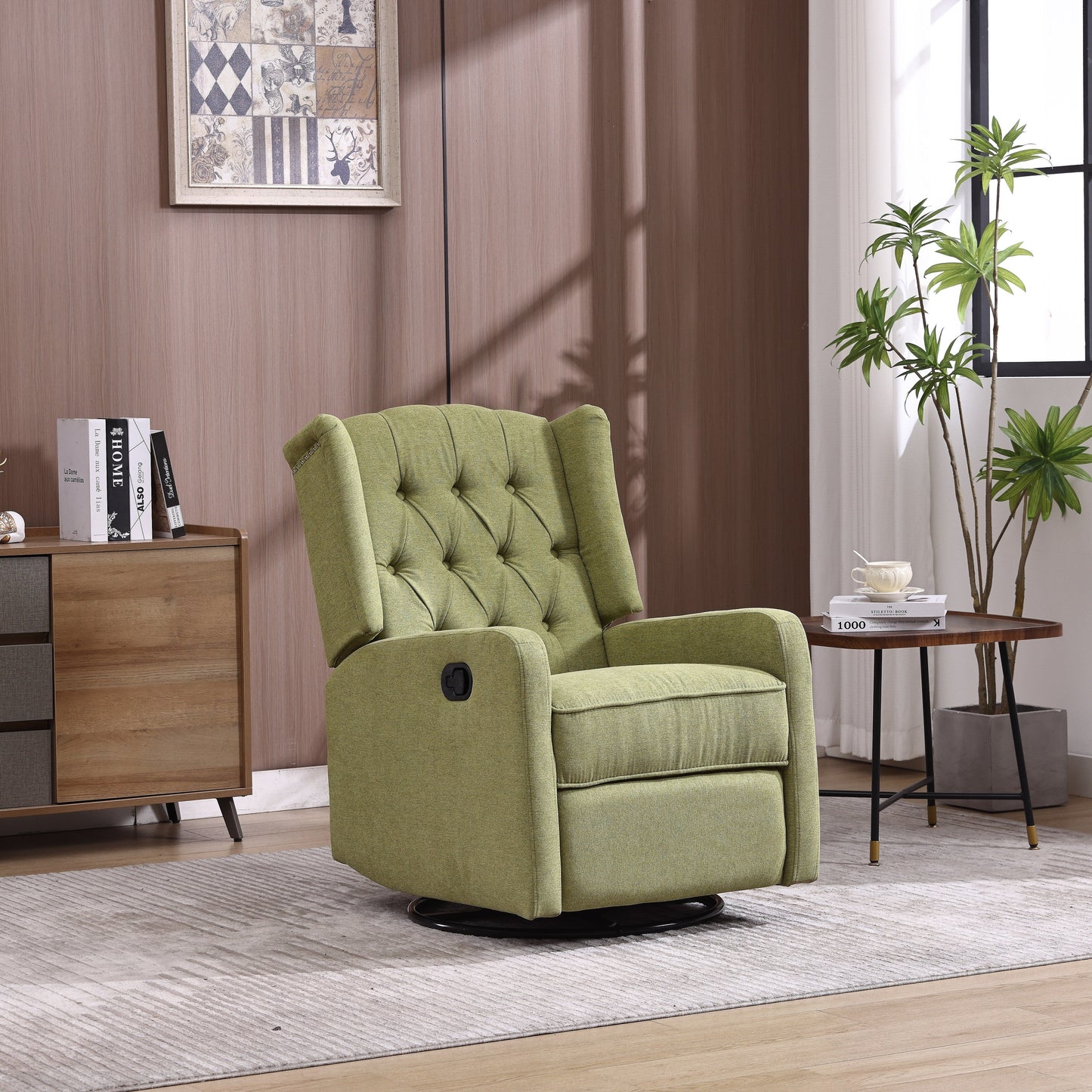 Olive Green Linen 360Â° Swivel Glider Rocker Manual Recliner with Button-tufted Backrest and Footrest for Living Room, Bedroom