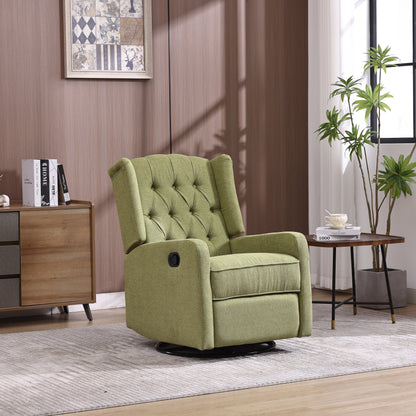 Olive Green Linen 360Â° Swivel Glider Rocker Manual Recliner with Button-tufted Backrest and Footrest for Living Room, Bedroom