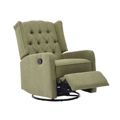 Olive Green Linen 360Â° Swivel Glider Rocker Manual Recliner with Button-tufted Backrest and Footrest for Living Room, Bedroom