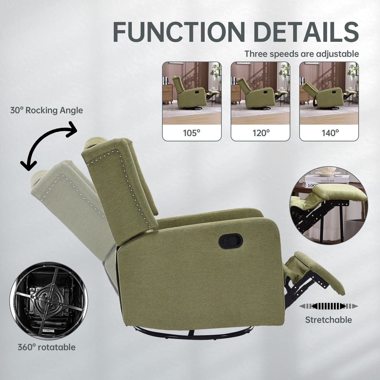 Olive Green Linen 360Â° Swivel Glider Rocker Manual Recliner with Button-tufted Backrest and Footrest for Living Room, Bedroom