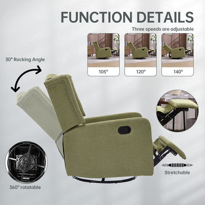 Olive Green Linen 360Â° Swivel Glider Rocker Manual Recliner with Button-tufted Backrest and Footrest for Living Room, Bedroom