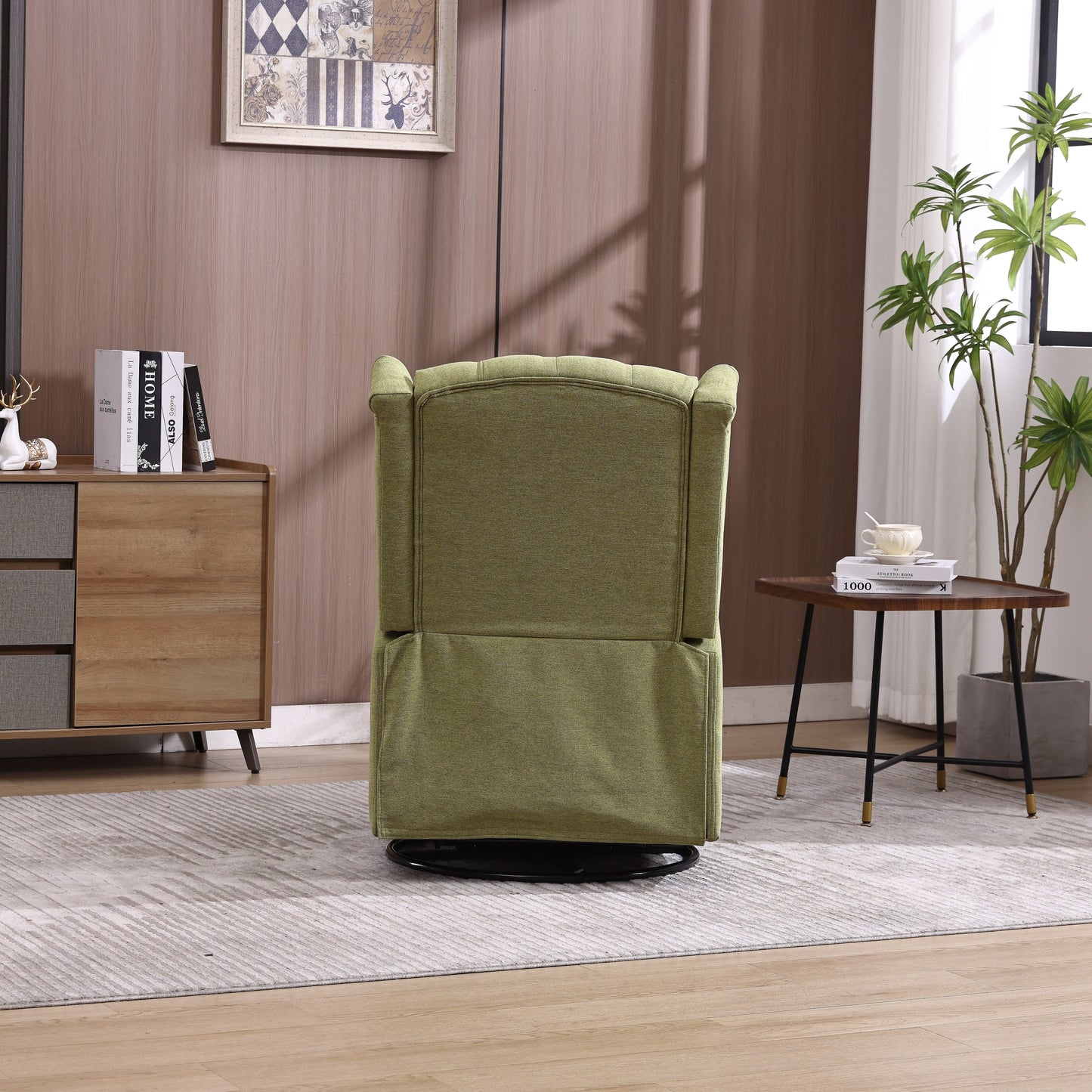 Olive Green Linen 360Â° Swivel Glider Rocker Manual Recliner with Button-tufted Backrest and Footrest for Living Room, Bedroom