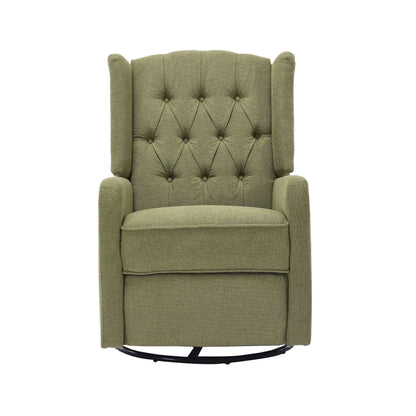Olive Green Linen 360Â° Swivel Glider Rocker Manual Recliner with Button-tufted Backrest and Footrest for Living Room, Bedroom