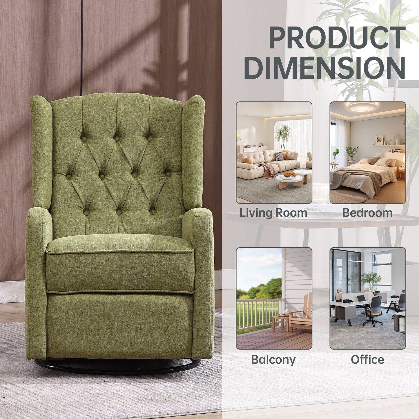 Olive Green Linen 360Â° Swivel Glider Rocker Manual Recliner with Button-tufted Backrest and Footrest for Living Room, Bedroom