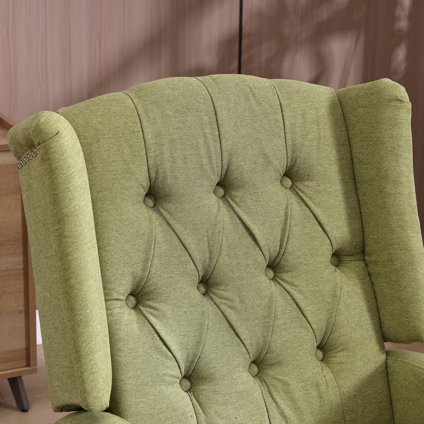 Olive Green Linen 360Â° Swivel Glider Rocker Manual Recliner with Button-tufted Backrest and Footrest for Living Room, Bedroom