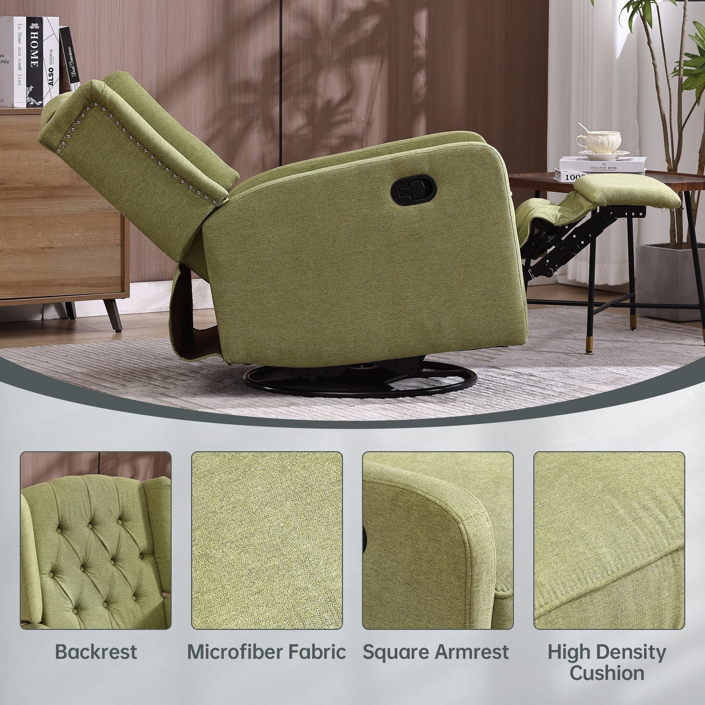 Olive Green Linen 360Â° Swivel Glider Rocker Manual Recliner with Button-tufted Backrest and Footrest for Living Room, Bedroom