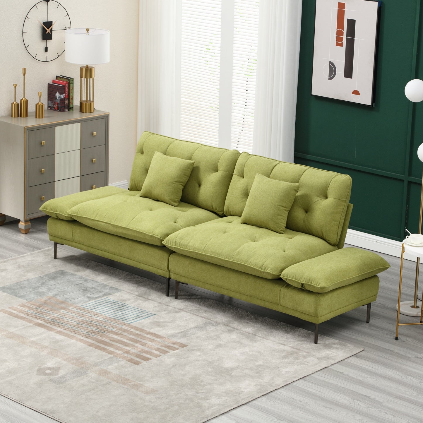 Olive Linen Loveseat Sofa with Adjustable Armrests