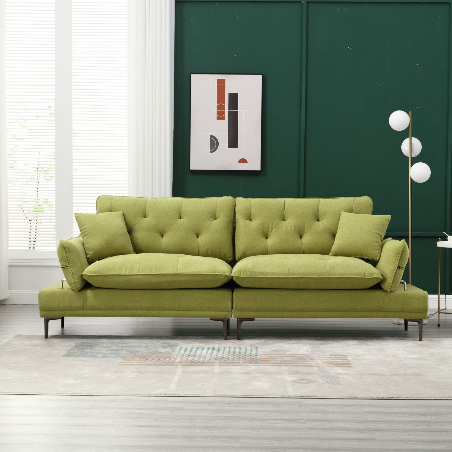 Olive Linen Loveseat Sofa with Adjustable Armrests