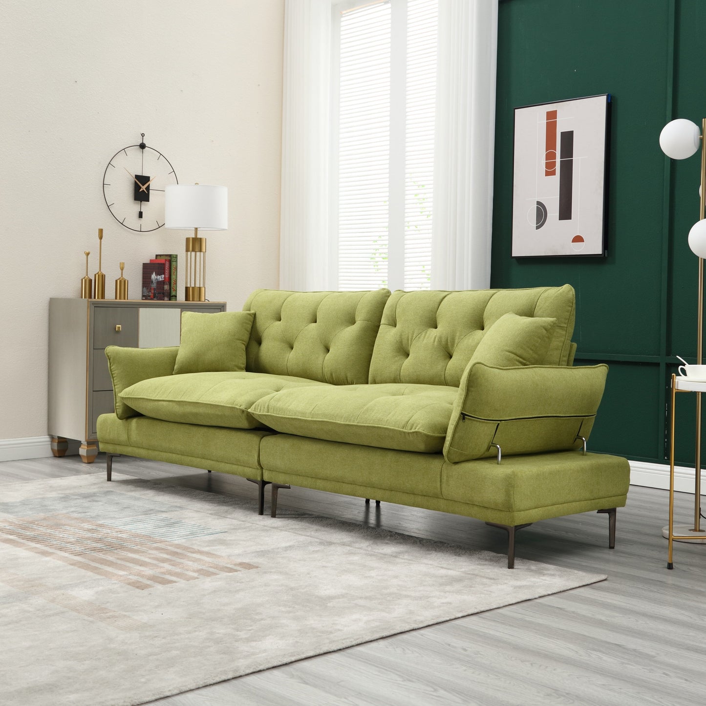 Olive Linen Loveseat Sofa with Adjustable Armrests