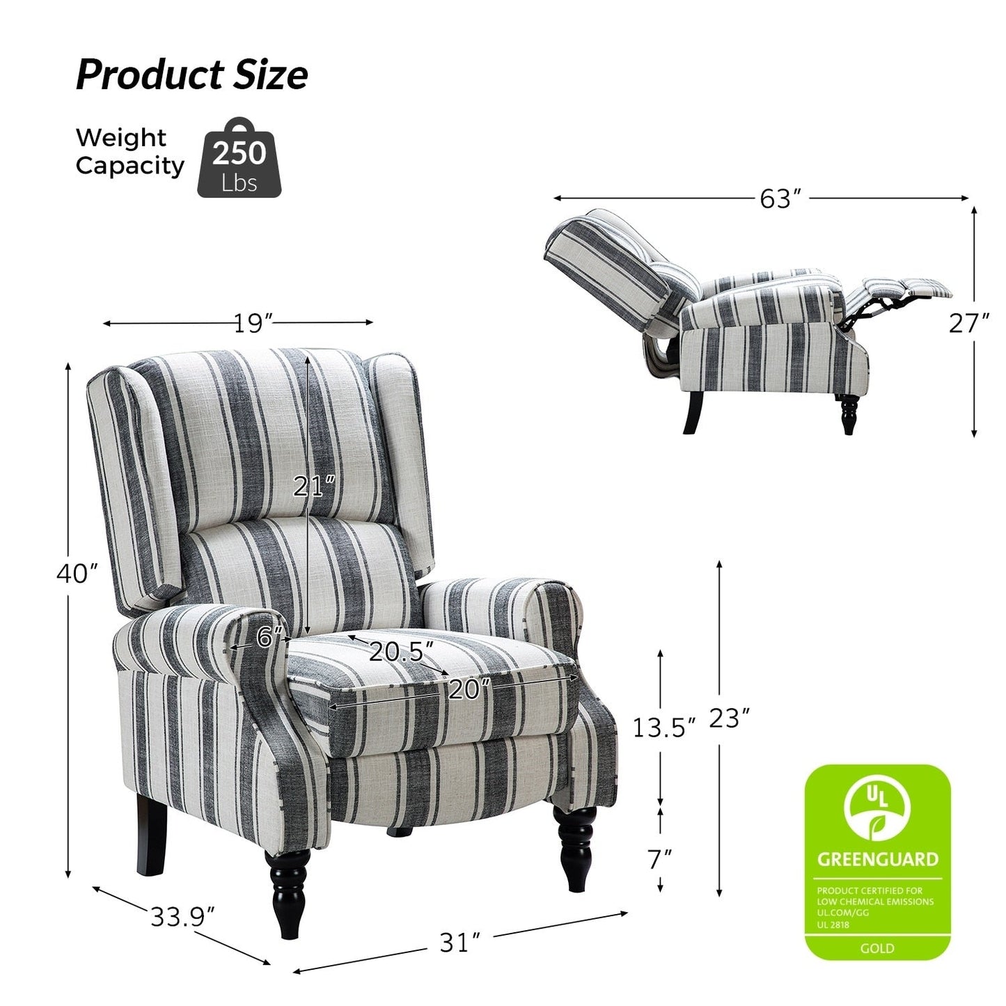 Olympus Upholstered Classic Manual Wingback Recliner with Solid Wood Legs Set of 2 by HULALA HOME