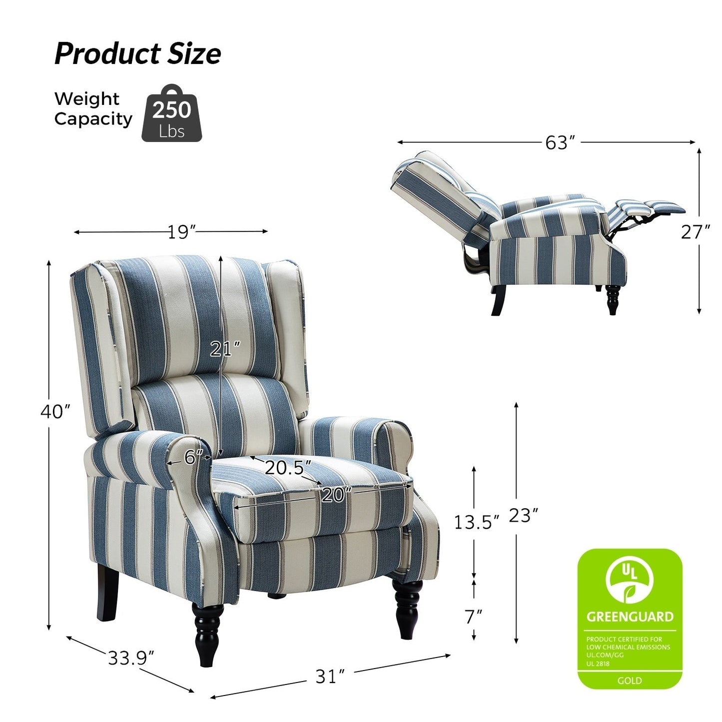 Olympus Upholstered Classic Manual Wingback Recliner with Solid Wood Legs Set of 2 by HULALA HOME
