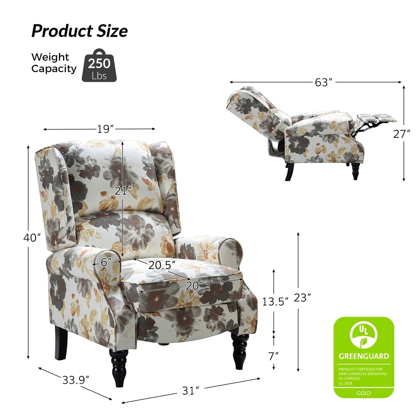 Olympus Upholstered Classic Manual Wingback Recliner with Solid Wood Legs by HULALA HOME