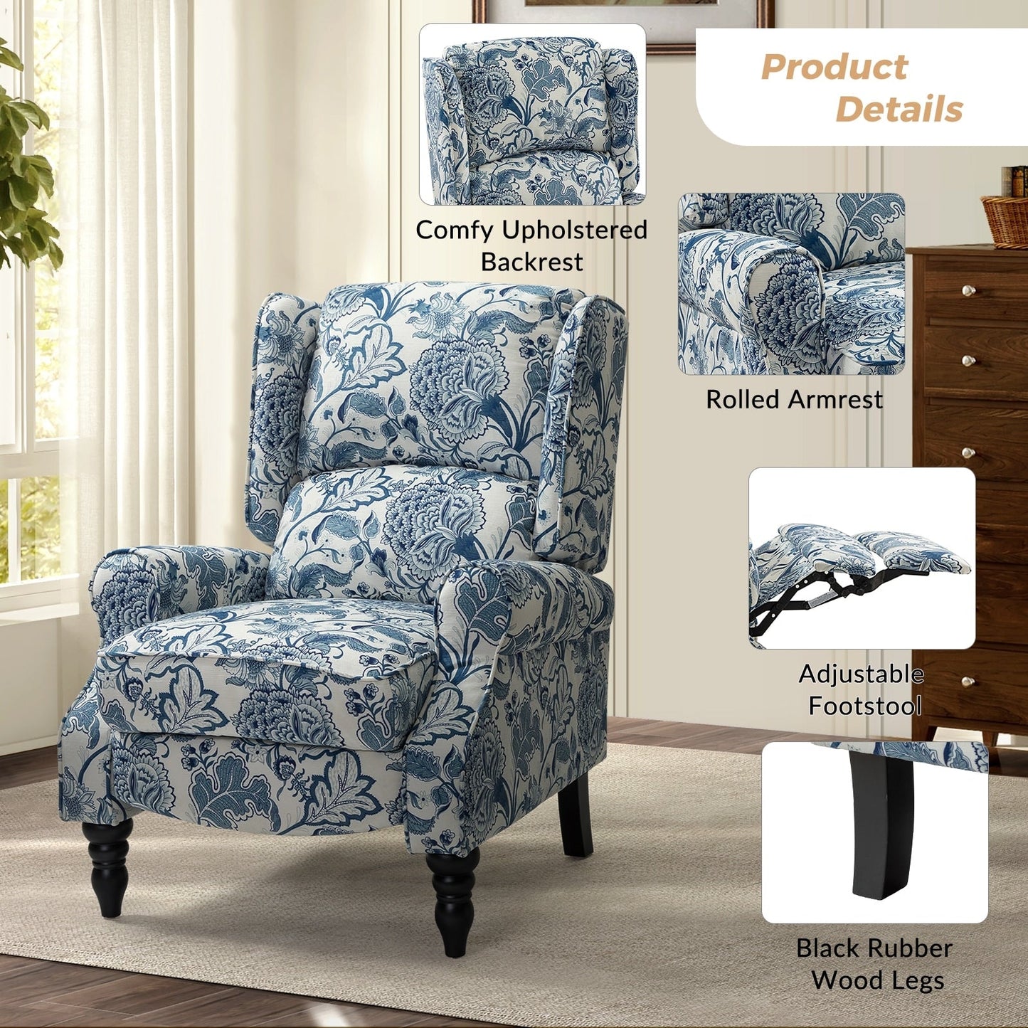 Olympus Upholstered Classic Manual Wingback Recliner with Solid Wood Legs by HULALA HOME