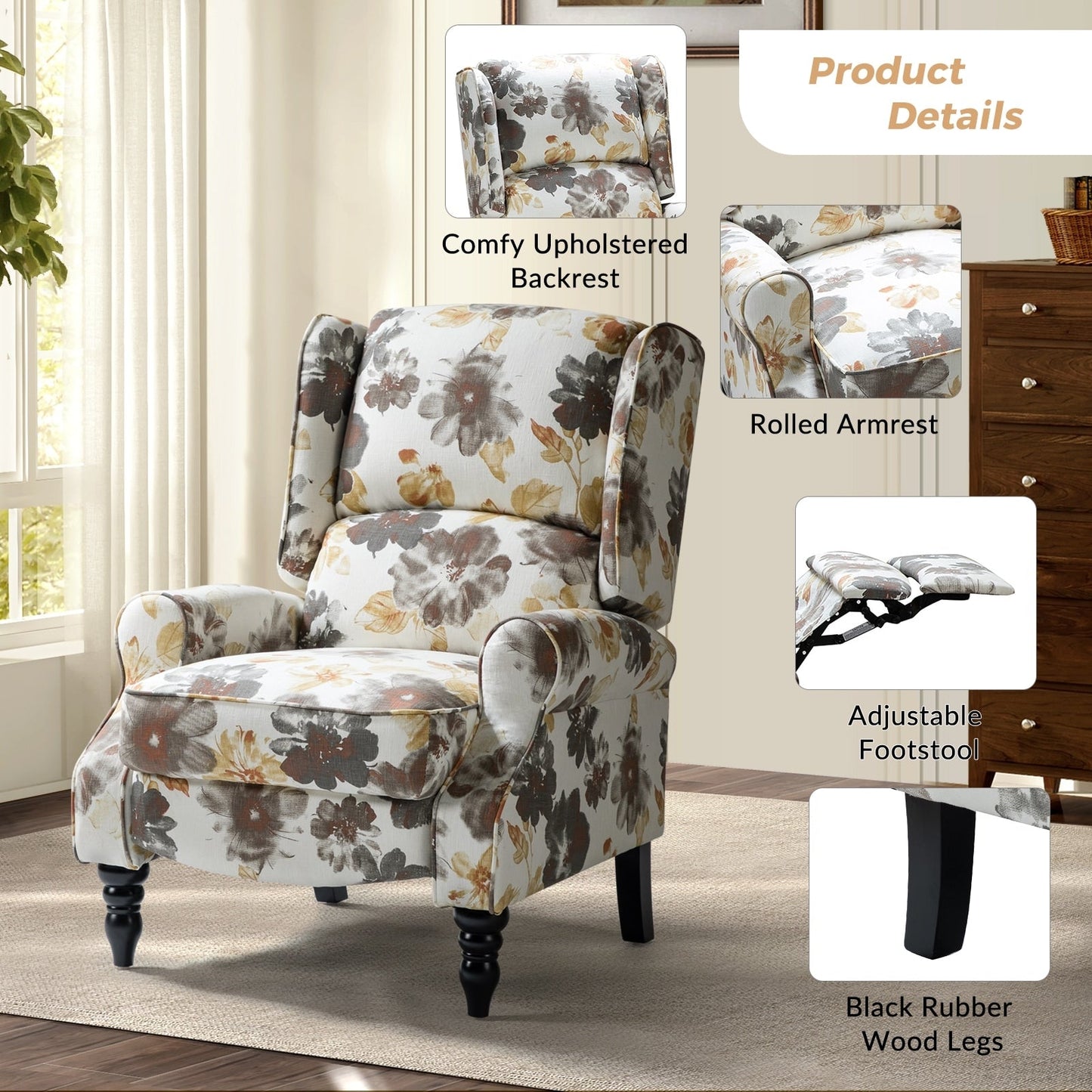 Olympus Upholstered Classic Manual Wingback Recliner with Solid Wood Legs by HULALA HOME