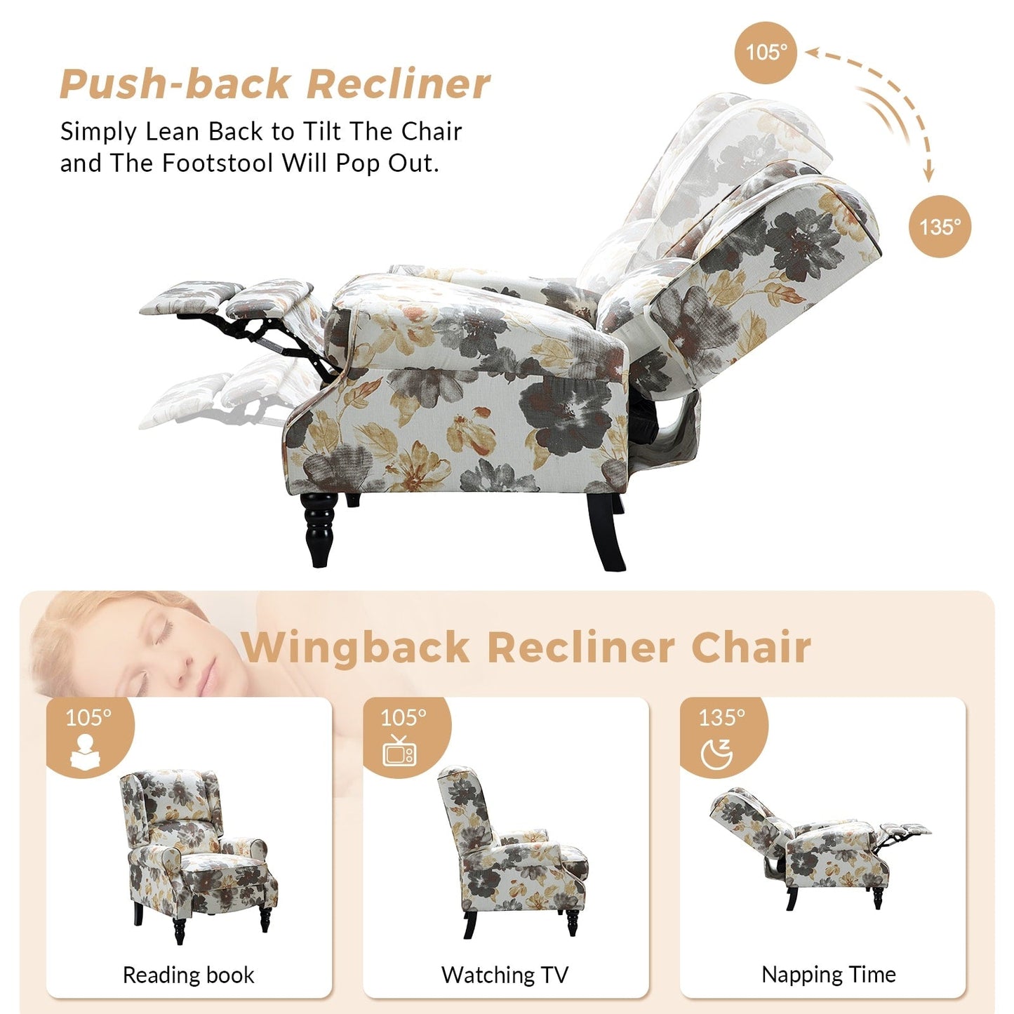 Olympus Upholstered Classic Manual Wingback Recliner with Solid Wood Legs by HULALA HOME