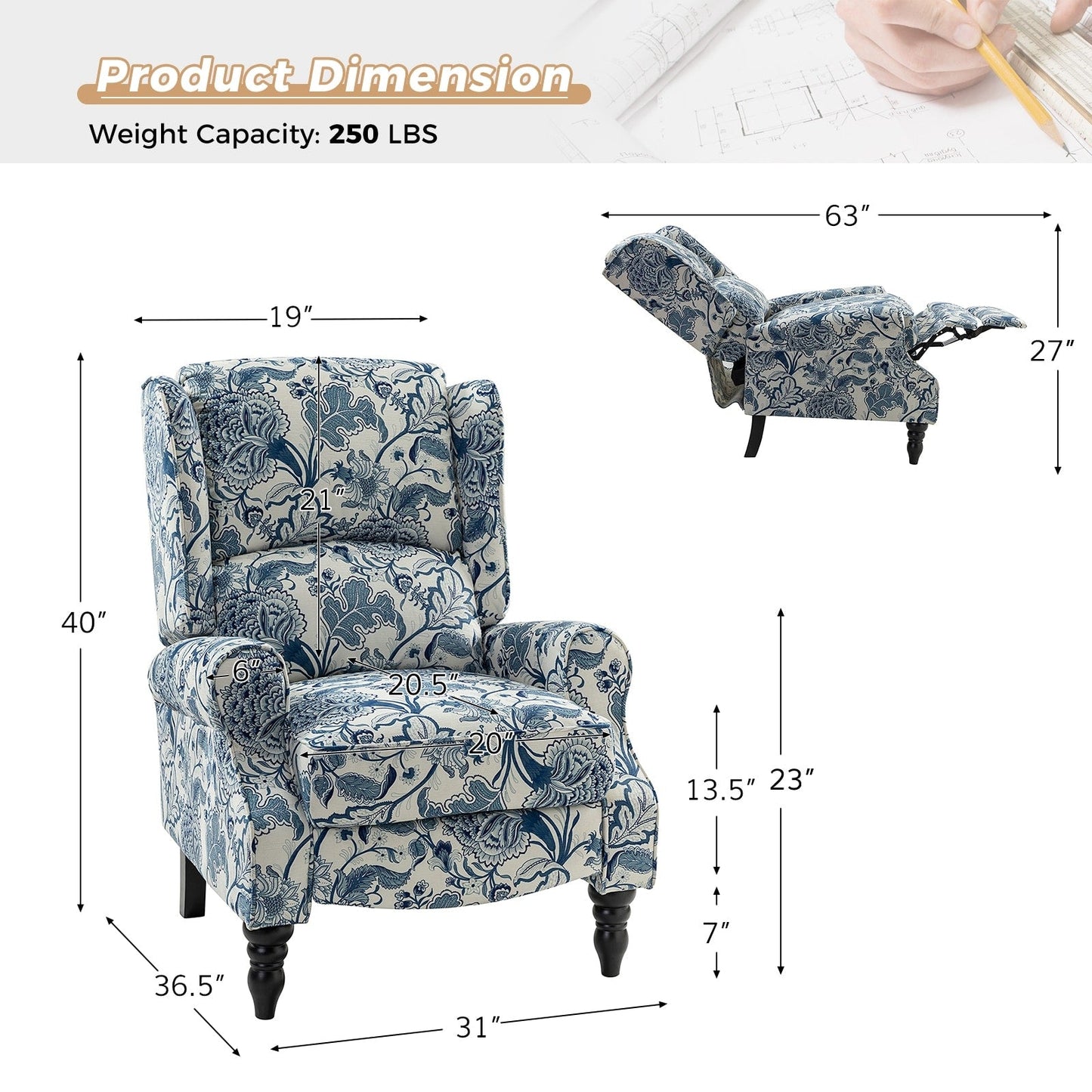 Olympus Upholstered Classic Manual Wingback Recliner with Solid Wood Legs by HULALA HOME