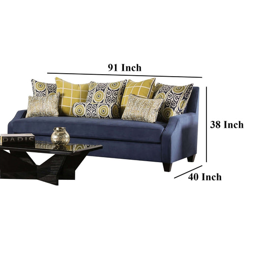 Omis Sofa, Navy Blue Velvet, 8 Accent Pillows, Solid Wood, 91 Inch
