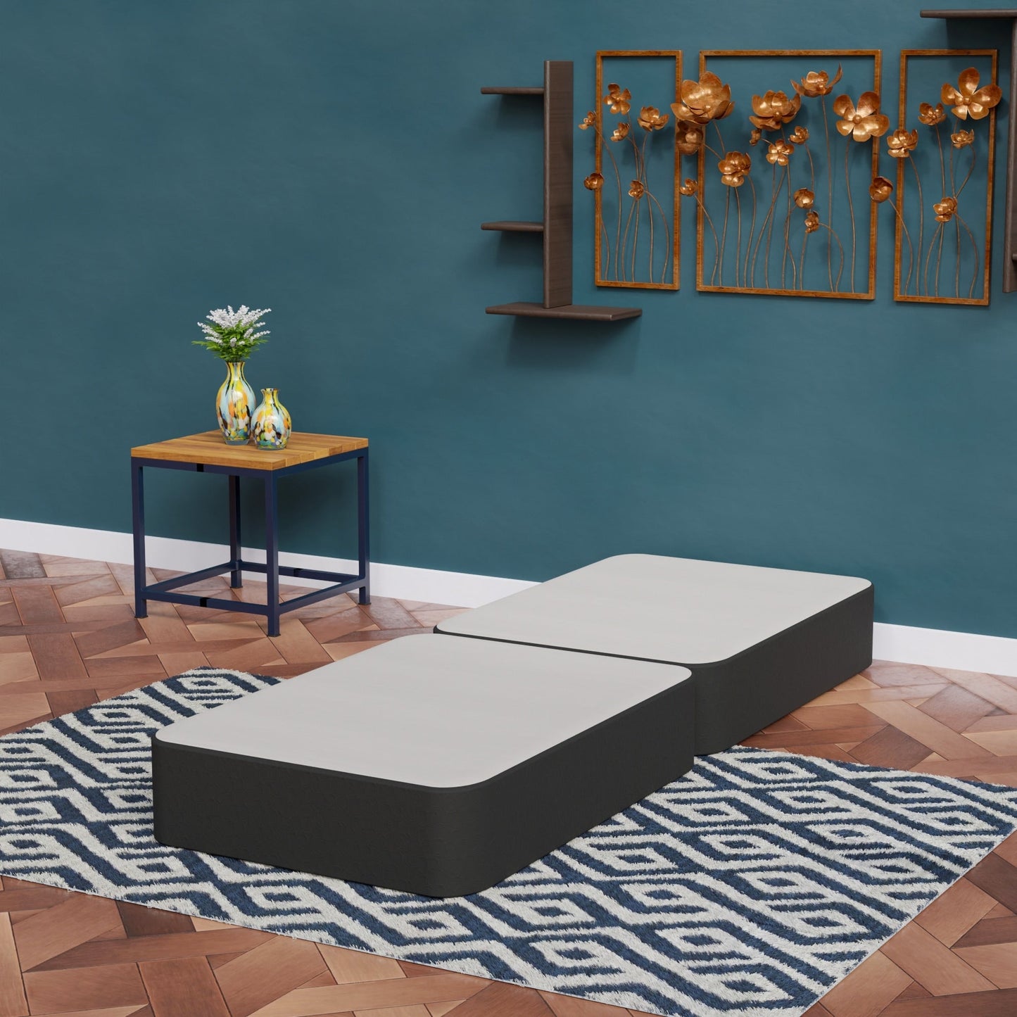 Onetan 4-Inch Wooden Box Spring, Low Profile Split Bed Foundation Ideal for Mattress, No Assembly Needed, White & black.