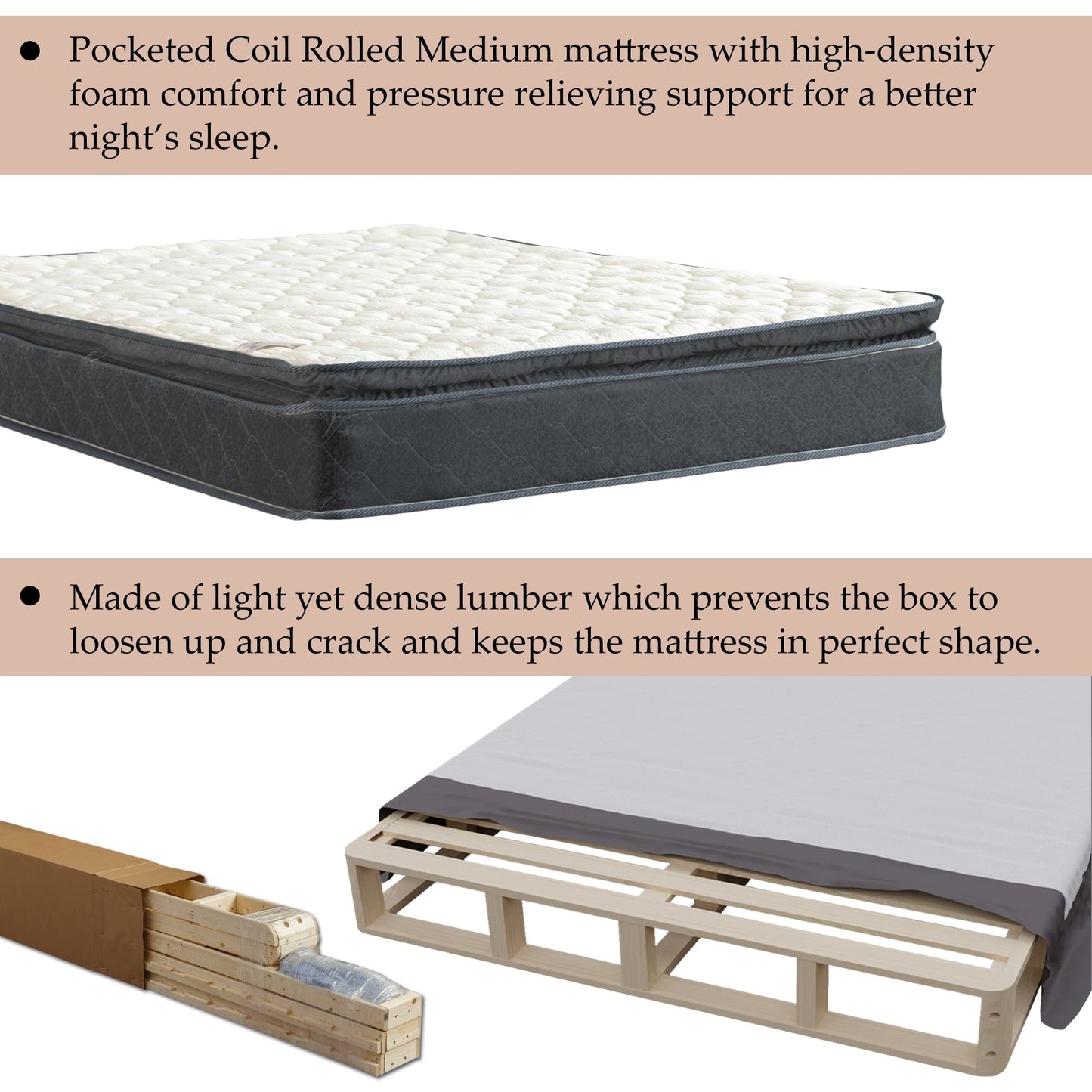 Onetan Mattress and Box Spring Set, 10-Inch Memory Foam Medium Pillow Top Hybrid Mattress and 5 Wood Simple Assembly Box Spring