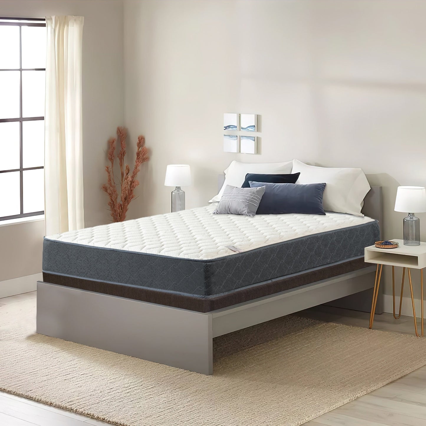 Onetan Mattress and Box Spring Set, 9-Inch Medium Tight Top Hybrid Mattress and 5 Wood Simple Assembly Box Spring