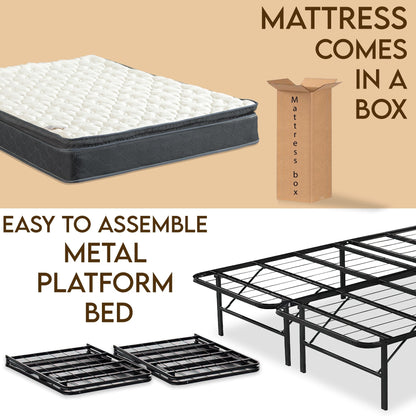 Onetan Mattress and Platform Bed Set, 10-Inch Medium Pillow Top Hybrid Mattress and 14 Metal Platform Bed