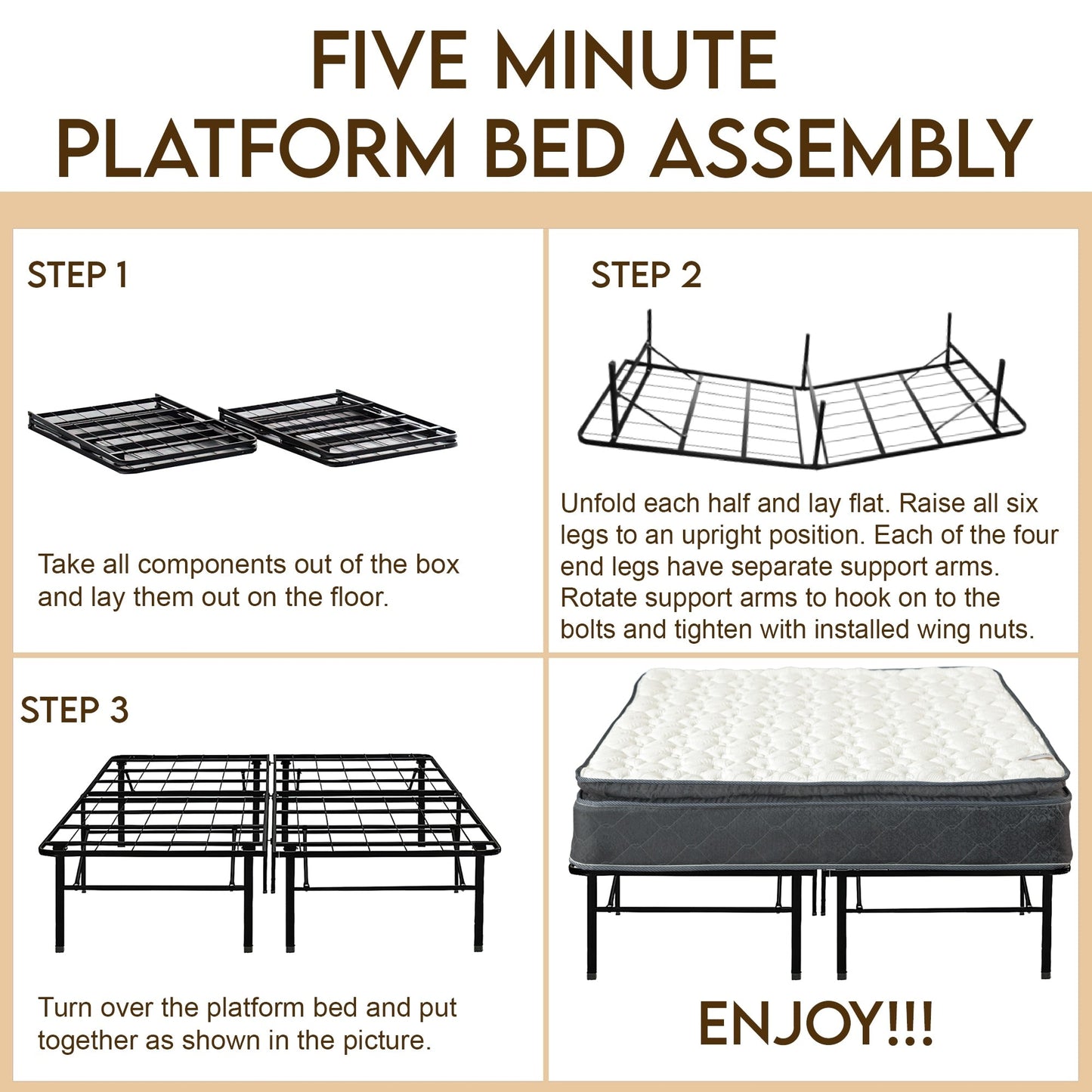 Onetan Mattress and Platform Bed Set, 10-Inch Medium Pillow Top Hybrid Mattress and 14 Metal Platform Bed