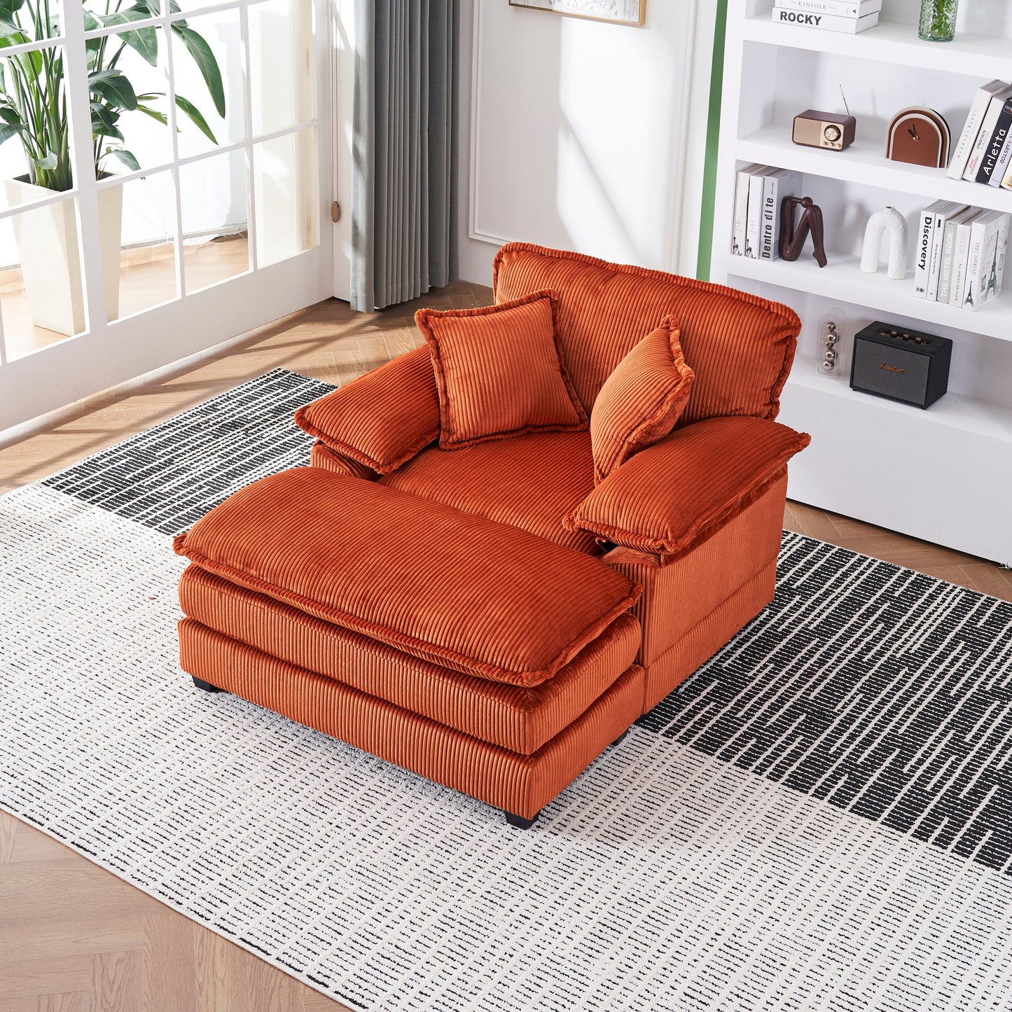 Orange 59.3 Corduroy Single Deep Seat Sofa with 2 Toss Pillows and Ottoman for Living Room