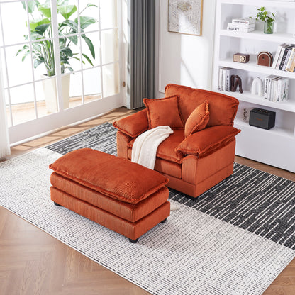 Orange 59.3 Corduroy Single Deep Seat Sofa with 2 Toss Pillows and Ottoman for Living Room