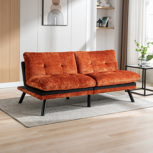 Orange 75.6 Chenille Convertible Loveseat Futon Sofa Bed with Metal Legs for Living Room