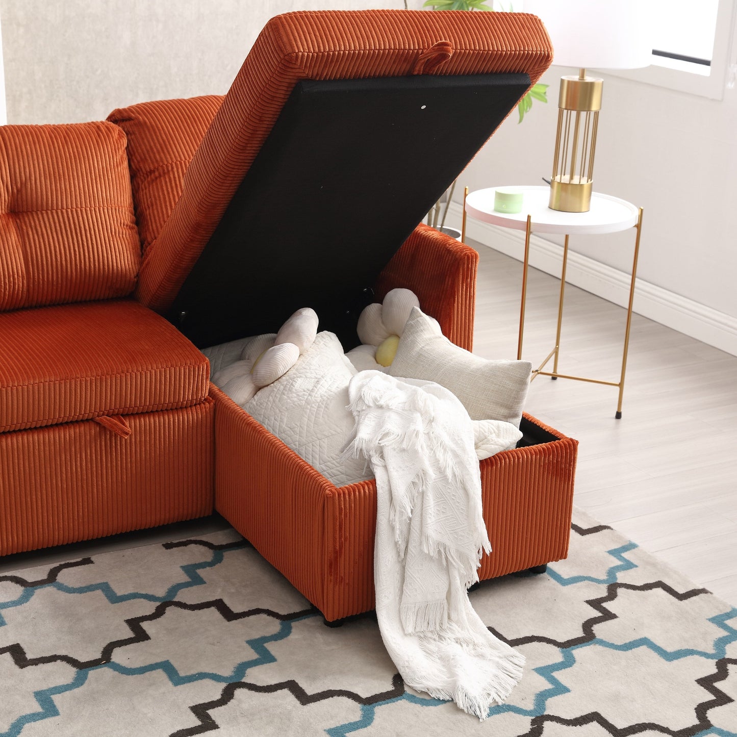 Orange 81.1'' Corduroy L-Shaped 3-Seater Sofa with Reversible Chaise and Storage Seats