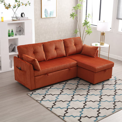 Orange 81.1'' Corduroy L-Shaped 3-Seater Sofa with Reversible Chaise and Storage Seats