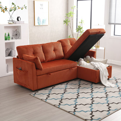 Orange 81.1'' Corduroy L-Shaped 3-Seater Sofa with Reversible Chaise and Storage Seats