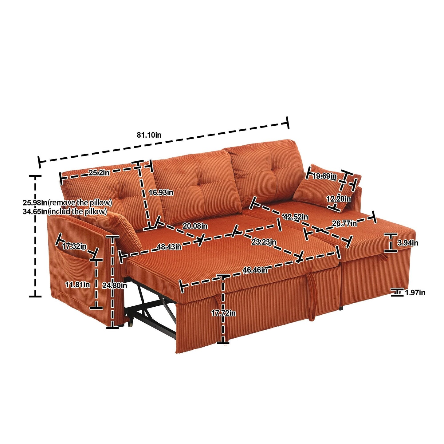 Orange 81.1'' L-Shaped Fabric Sofa with Reversible Chaise, Storage, Solid Wood Frame, and Foam Seating