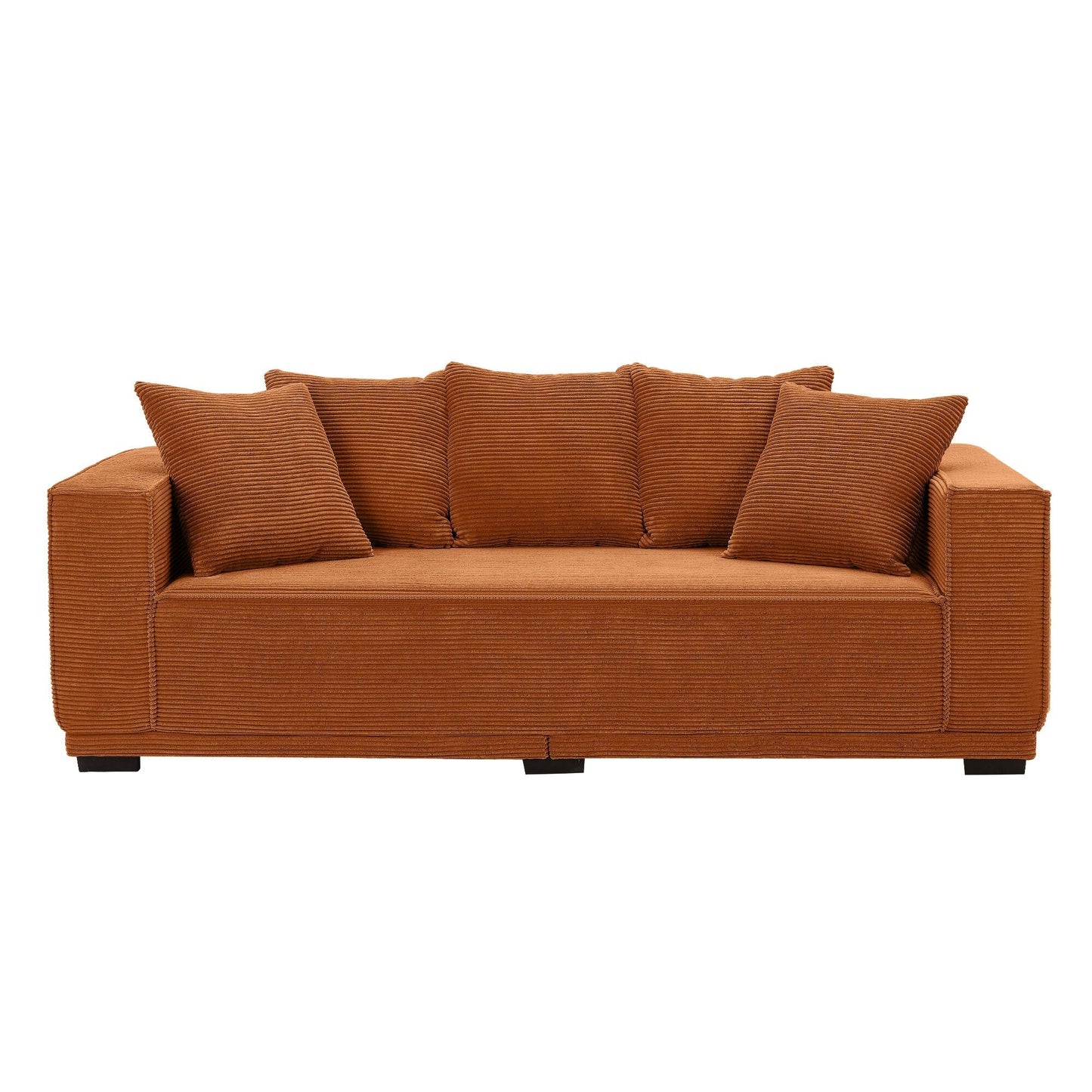 Orange 88.97'' Corduroy Upholstered 3-Seater Sofa with 5 Toss Pillows and Sturdy Bottom Frame