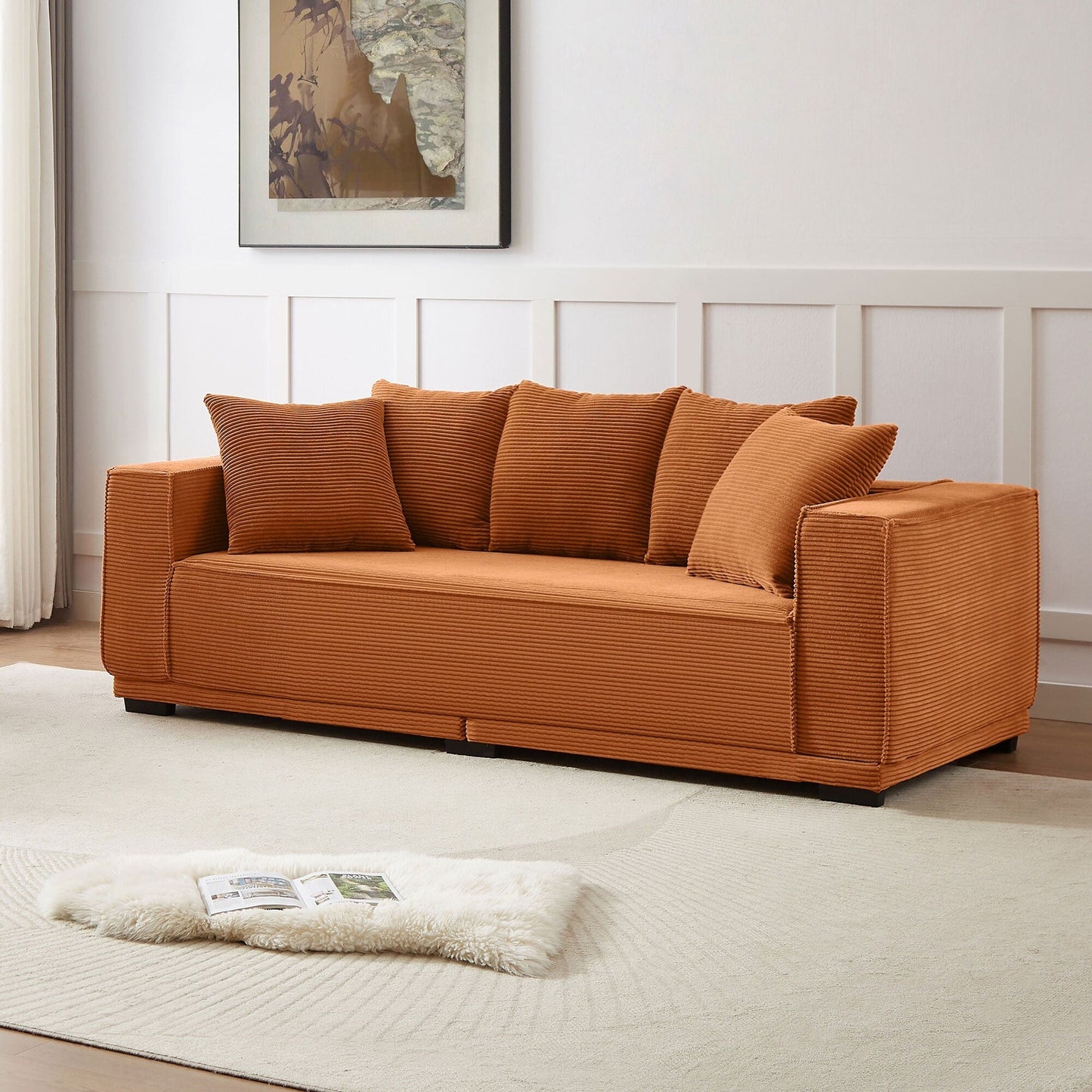 Orange 88.97'' Corduroy Upholstered 3-Seater Sofa with 5 Toss Pillows and Sturdy Bottom Frame