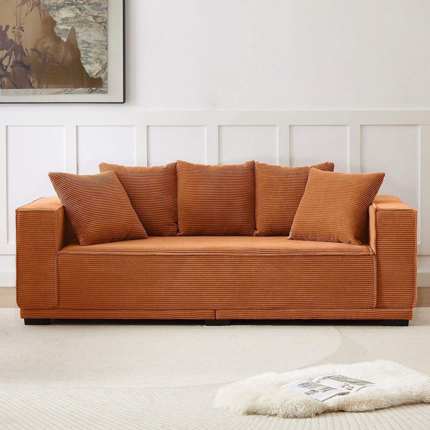 Orange 88.97'' Upholstered 3-Seater Sofa with Bottom Frame and 5 Toss Pillows