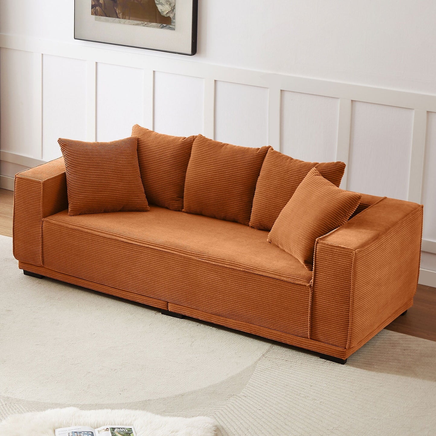 Orange 88.97'' Upholstered 3-Seater Sofa with Bottom Frame and 5 Toss Pillows