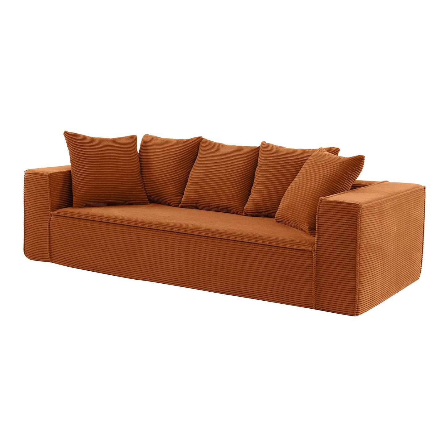 Orange 89'' Corduroy Sofa with 5 Toss Pillows and Sleek Design