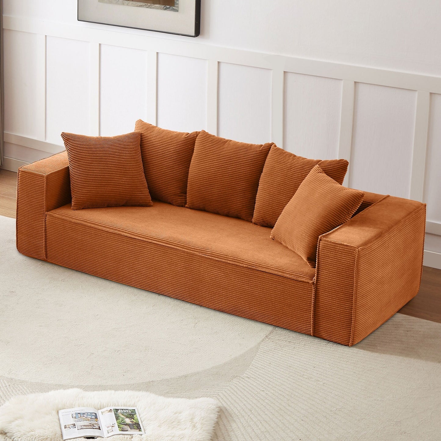 Orange 89'' Corduroy Sofa with 5 Toss Pillows and Sleek Design
