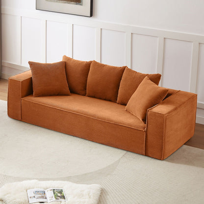 Orange 89'' Corduroy Sofa with 5 Toss Pillows and Sleek Design