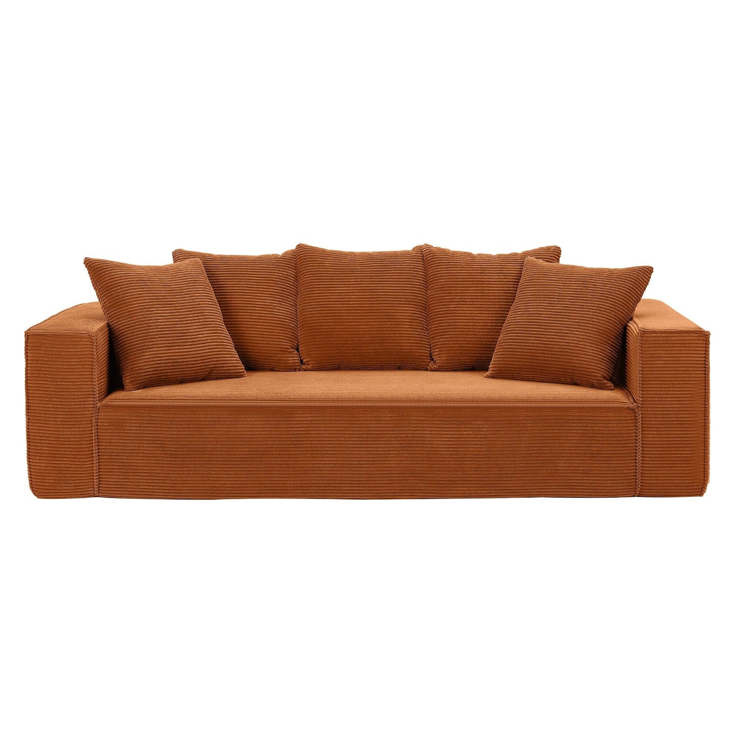 Orange 89'' Corduroy Sofa with 5 Toss Pillows and Sleek Design
