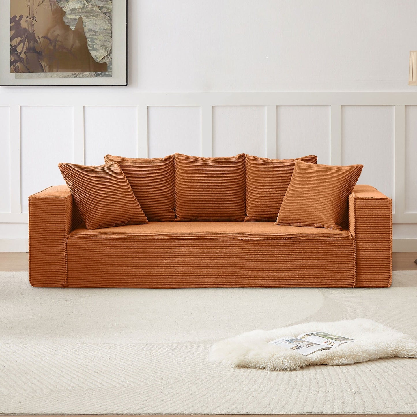 Orange 89'' Corduroy Sofa with 5 Toss Pillows and Sleek Design