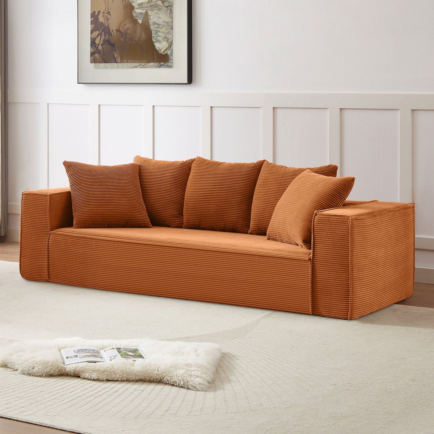 Orange 89'' Corduroy Sofa with 5 Toss Pillows and Sleek Design