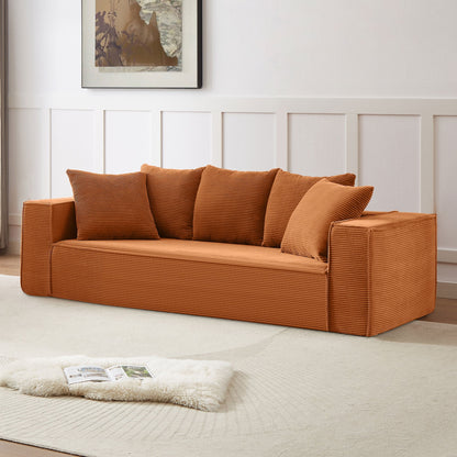 Orange 89'' Corduroy Sofa with 5 Toss Pillows and Sleek Design