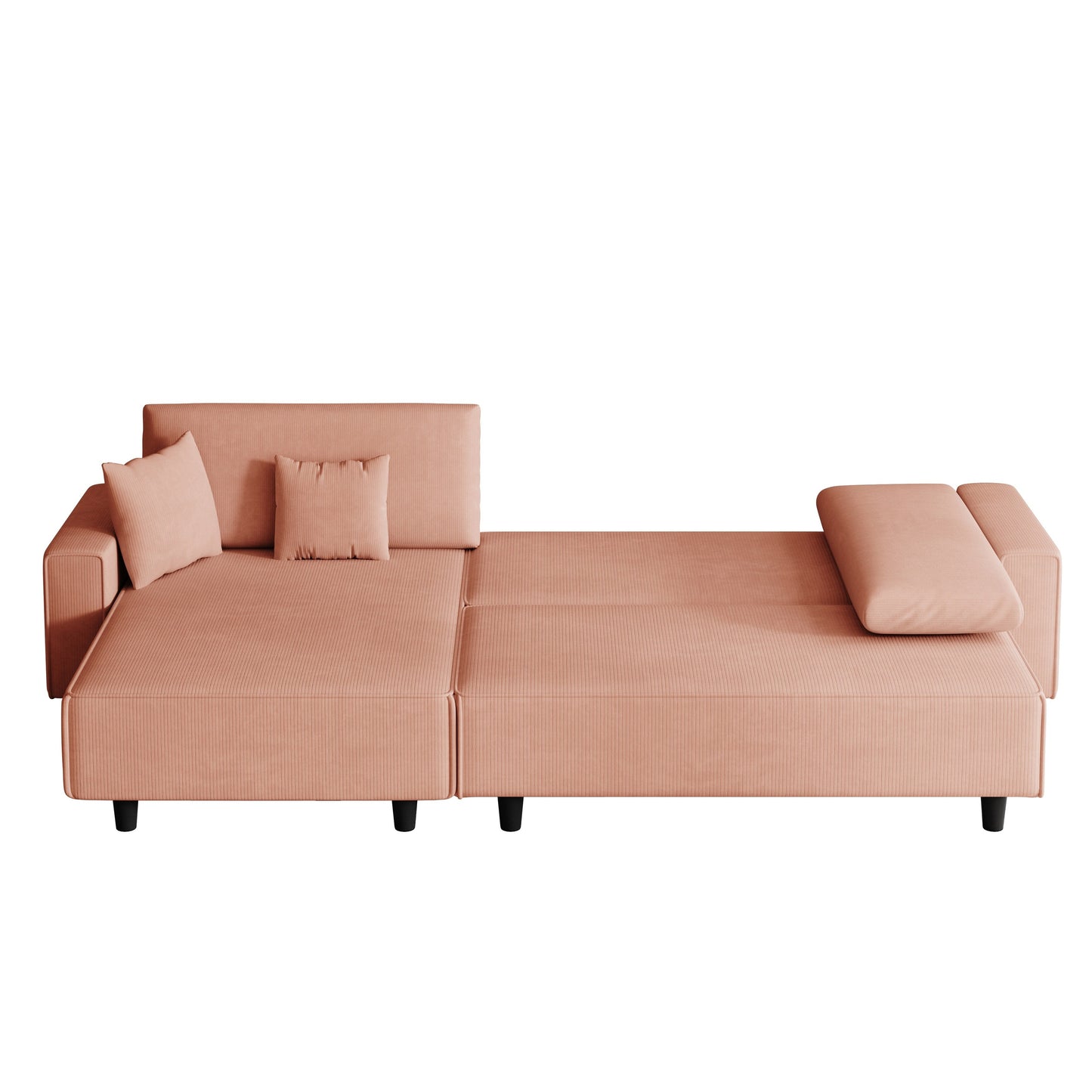Orange 93'' Corduroy Convertible 3-Seater Sofa Bed with Adjustable Chaise, Two Pillows, and Storage - Space-Saving Design